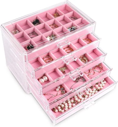 Acryl sieraden organizer met 5 lades - Oorbelhouder voor ringen, oorbellen en armbanden - Roze