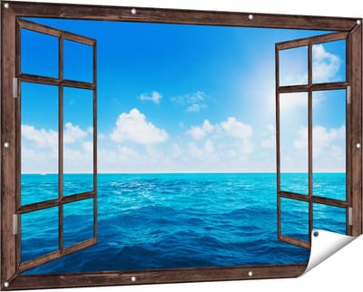 Gards Tuinposter Doorkijk Water Midden op Zee met Zonneschijn - 150x100 cm - Tuindoek - Tuindecoratie - Wanddecoratie buiten - Tuinschilderij