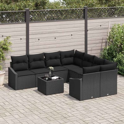 vidaXL Bankstel met kussen met opslag 9 pcs Zwart poly rattan