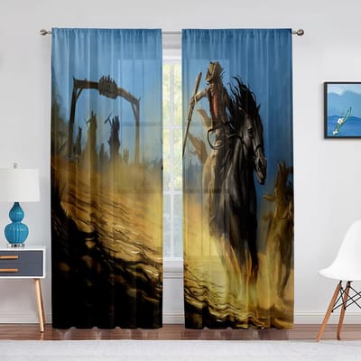 Westerse Country Cowboy Tule Gordijnen voor Huis Kantoor Raamdecoratie Slaapkamer Keuken Balkon Modern Chiffon Transparant Voile Gordijn 1 PCS W100XH250cm&Grommet Top