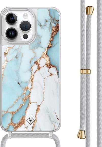 Casimoda® hoesje met grijs koord - Geschikt voor iPhone 14 Pro Max - Marmer Lichtblauw - Afneembaar koord - TPU/polycarbonaat - Blauw