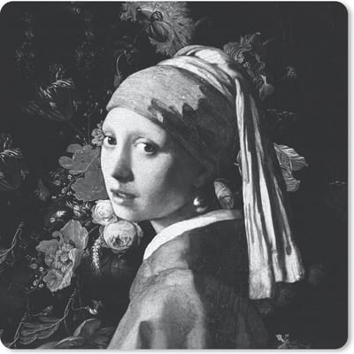 Muismat 20x20 cm - Mousepad Het meisje met de parel - Johannes Vermeer - Zwart - Wit - Muismatten