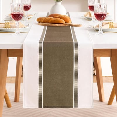 tafelloper, moderne decoratie, bruine strepen, 40 x 90 cm, tafelband, tafeldecoratie boho, landelijke stijl, afwasbaar, van katoen-linnen stof, natuurlijke tafelloper voor eetkamer, eettafel