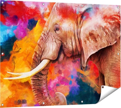 Gards Tuinposter Kleurrijke Olifant - Abstract - 120x90 cm - Tuindoek - Tuindecoratie - Wanddecoratie buiten - Tuinschilderij