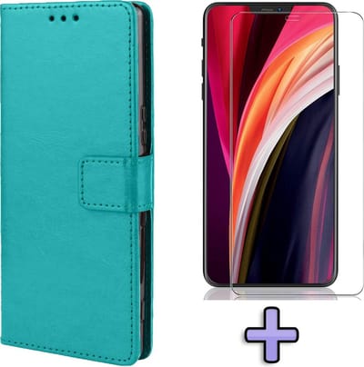 HB Hoesje Geschikt voor Apple iPhone 12 & 12 Pro Turquoise - Portemonnee Book Case - Kaarthouder & Magneetlipje & Glazen Screenprotector