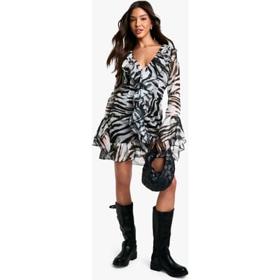 boohoo Dames Extreme Ruffle Chiffon Zebra Shift Jurk | Black | Maat: 10