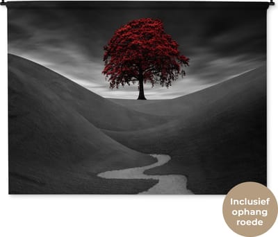 Wandkleed Rood zwart wit - Zwart-wit foto met een rode boom Wandkleed katoen 180x135 cm - Wandtapijt met foto