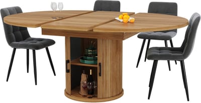Notenkleur mdf uitschuifbare ronde eettafel met opbergruimte voor eetkamer 118-158cm