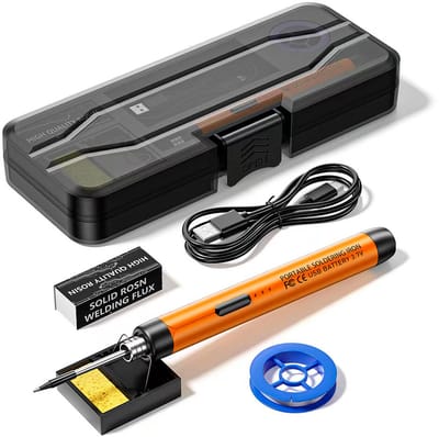 Draadloze oplaadbare soldeerboutset - Soldeerbout - Inclusief 5 soldeerpunten en standaard - Mini soldeerboutset voor thuisgebruik met lithiumbatterij - Draagbaar opladen via USB - Instelbare temperatuur - Oranje