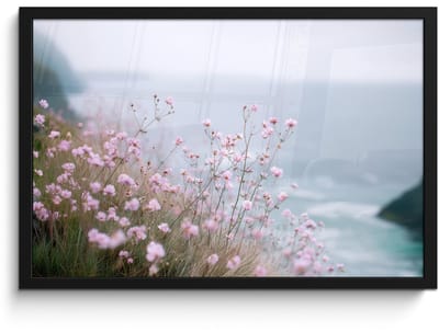 Poster in lijst - Fotolijst 60x40 cm - Posters - Klif - Bloemen - Zee - Roze - Posterlijst zwart - Decoratie - Wanddecoratie woonkamer - Muurdecoratie slaapkamer