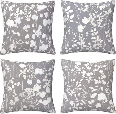 Kussenslopen van 65 x 65 cm, set van 4 stuks, zachte fluwelen kussenslopen met onzichtbare rits, voor slaapbank, thuis, terrasdecoratie, grijze en witte bloemen, set van 4 kussenslopen 26 x 26 inch