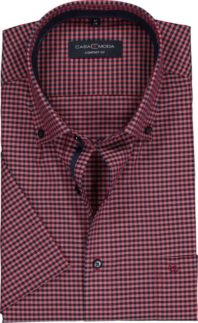 CASA MODA comfort fit overhemd - korte mouw - popeline - rood geruit - Strijkvriendelijk - Boordmaat: 42 (EU maat: L)