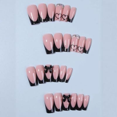 24 stuks/Set Acryl Press-On Nagels, Hartjespatroon, Zwarte French, Strass, Strikje Ontwerp Kunstnagels, French Manicure Voor Vrouwen En Meisjes zwart