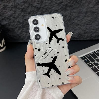 Motif Avion Étui Laser en Chamois pour Samsung Galaxy S25 S24 S23 Ultra Plus S24 FE A55 A56 A54 A25 A15 A16 A34 5G Coque de Téléphone Galaxy S23+