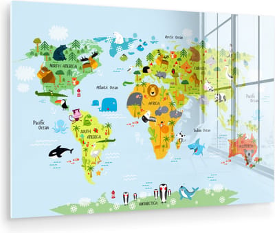 ® Glasschilderij 180x120 cm - Schilderij acrylglas - Wereldkaart - Kinderen - Dieren - Natuur - Jongens - Meisjes - Foto op glas - Muurdecoratie woonkamer - Wanddecoratie slaapkamer - Schilderijen
