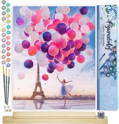 Figured'Art Schilderen op Nummer Volwassenen canvas Ballonnen vrijgeven in Parijs - Handwerk acrylverf Kit DIY Compleet - 40x50cm met DIY houten lijst