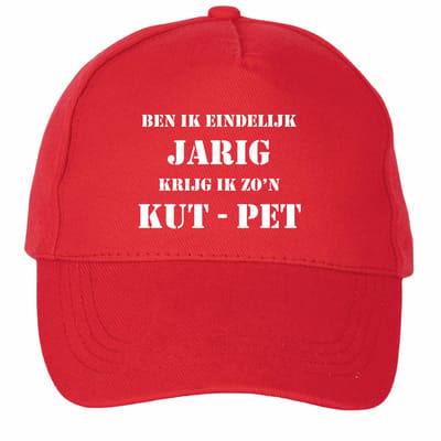 Mijncadeautje - 5 panel - Cap - Verstelbaar - Pet van 100% dik geborsteld katoen- unisex - opdruk wit - Ben ik eindelijk jarig - K** Pet - rood