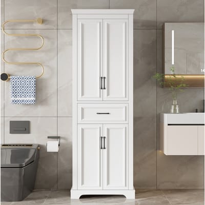 Witte MDF badkamerkast 60x40x180 cm met verstelbare planken, soft-close deuren en lade