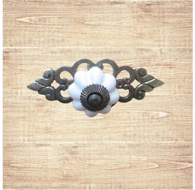 White Ceramic Cabinet Knob with Antique Brass Back Plate