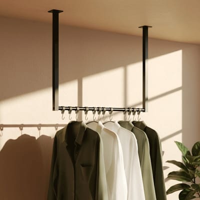 CLP Fenton Kledingstang - kledingstandaard - kledingroede - garderobestang - kleding stang - voor plafondmontage - met 12 haken - zwart