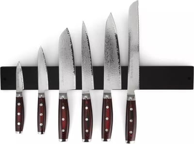 Yaxell Super Gou Messenset – 7-delig – Zwarte Magneetstrip met 6 Messen – 161 Lagen Damaststaal – SG2 Staal – 63 HRC – Canvas-Micarta Heft