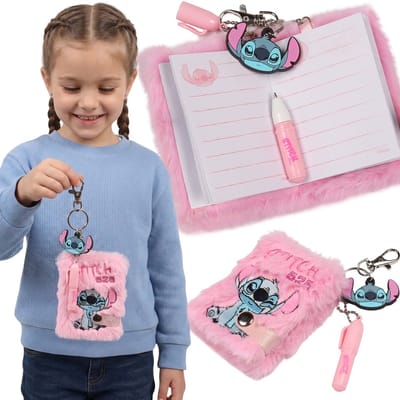 DISNEY Stitch Pluche mini-notitieboekje met balpen, roze notitieboekje-sleutelhanger