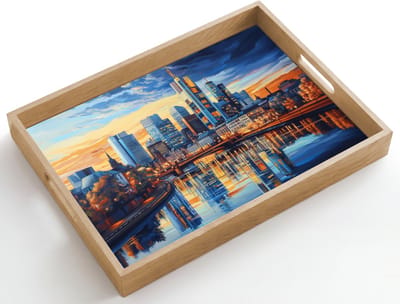 Dienblad hout 50x35 cm - Schootdienblad - Zonsondergang Frankfurt - Stad - Skyline - Water - Borrelplank rechthoek - Plateau dienbladen
