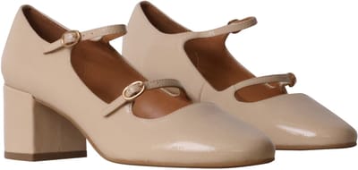 Leren ballerina's met hak in de kleur Pivoine