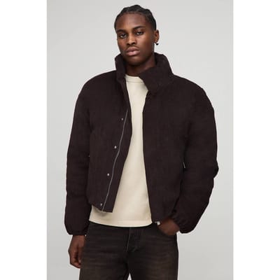 Boxy Fit Textured Velour Funnel Neck Puffer Jacket | Chocolate | Size Small