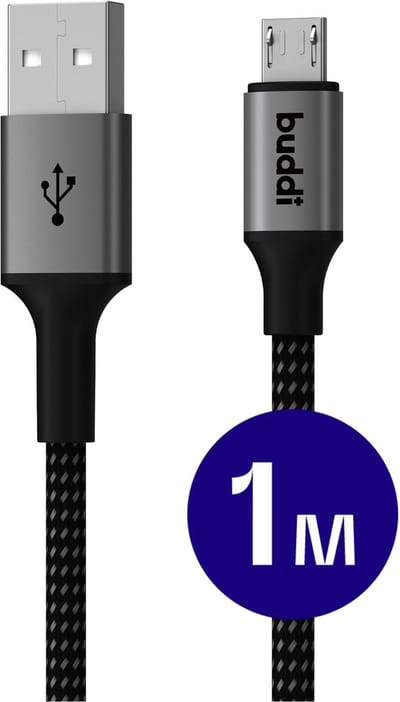 Buddi Flex | USB-A naar Micro-USB Kabel 12W Fast Charge 5V/2.4A | 480Mbps Dataoverdracht | Gevlochten Nylon | 1M | 1 Meter | Zwart