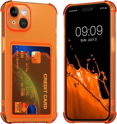 kwmobile Hoesje met kaarthouder voor Apple iPhone 15 - telefoonhoesje met kaartsleuf - Soft Case - beschermhoesje in fruitig oranje / transparant
