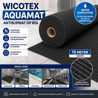 Wicotex Aquamat Antislipmat op Rol – 15 meter – Waterdoorlatende Vloermat – Op Maat te Knippen – Voor Badkamer, Horeca, Keuken en Zwembad - Kleur Zwart