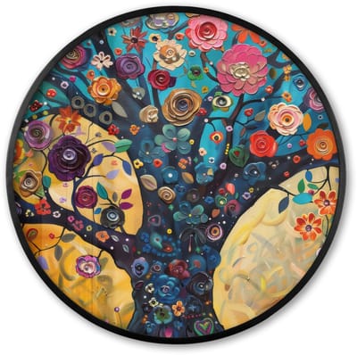 Poster in lijst Rond - Fotolijst 60x60 cm - Posters - Boom - Levensboom - Kleurrijk - Bloemen - Modern - Ronde posterlijst zwart - Decoratie - Wanddecoratie woonkamer - Muurdecoratie slaapkamer