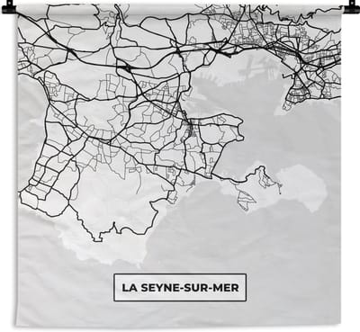 Wandkleed - Wanddoek - Frankrijk - Kaart - Plattegrond - Stadskaart - La Seyne-sur-Mer - Zwart wit - 180x180 cm - Wandtapijt