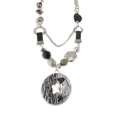 Behave - Ketting met ronde hanger, steentjes, imitatieleer en natuursteen, nikkelvrij - Trendy modeaccessoire - 59 cm + 7,5 cm verlengketting