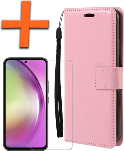 Hoes - Met Screenprotector - Geschikt voor Samsung Galaxy A54 - Luxe Pasjeshouder - Bookcase Portemonee - Flip Case - Kunstleer Book Case - Flipcase - Book Cover - Walletcase - PortemonneeHoes - Lichtroze