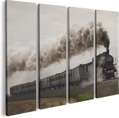 Artaza Canvas Schilderij Vierluik Locomotief Trein met Rook Wolken - 80x60 - Foto Op Canvas - Canvas Print
