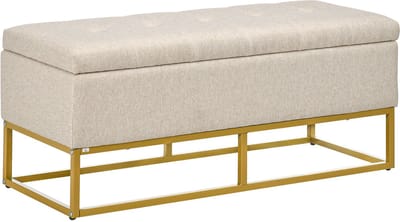 Opbergbank-bedpunt-opbergdoos met gevoerde zitting en stalen poten-110 x 44 x 48 cm-beige en goud - Uiteinde van het bed-opbergkist-stalen poten