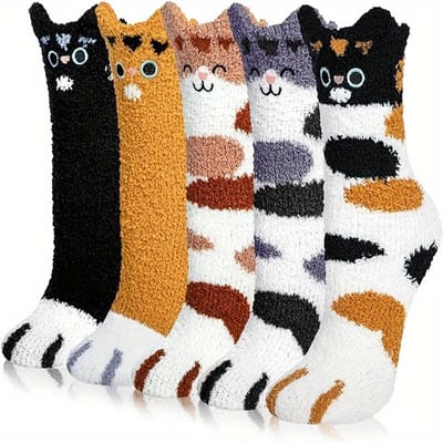 5 Paires de Chaussettes Pantoufles Confortables et Fantaisistes à Griffes de Chat de Dessin Animé - Chaussettes Douces, Chaudes et Moelleuses Longueur Genou avec Doublure en Polaire Corail Pelucheuse, Polyester Extensible One-size orange