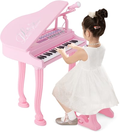 COSTWAY Toetsenbord voor kinderen, met 37 toetsen en kruk, elektronisch pianotoetsenbord, draagbaar met microfoon, led-leer-modus, opname- en afspeelfunctie, muziekinstrument voor kinderen vanaf 3