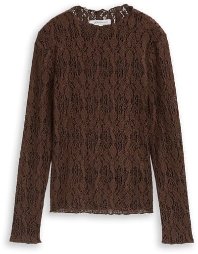 Tom Tailor Denim - Slim fit shirt met lange mouwen van kant - Maat L - cool dark brown
