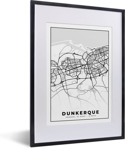Fotolijst incl. Poster Zwart Wit- Frankrijk - Dunkerque - Kaart - Plattegrond - Stadskaart - Zwart wit - 30x40 cm - Posterlijst