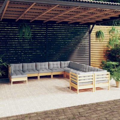 vidaXL - 11-delige - Loungeset - met - grijze - kussens - grenenhout
