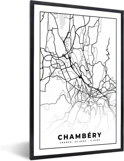 Fotolijst incl. Poster Zwart Wit- Kaart - Stadskaart - Frankrijk - Chambéry - Plattegrond - Zwart wit - 40x60 cm - Posterlijst
