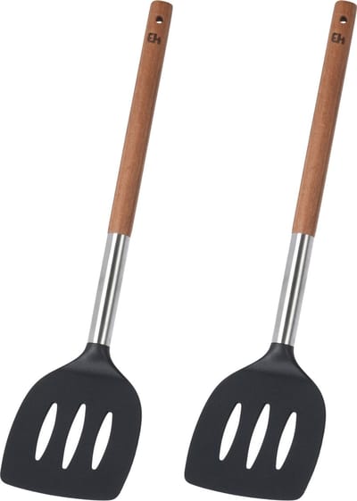 Excellent Houseware Bakspatel/bakspaan - 2x - zwart kunststof/acacia hout - 34 cm - Keukengerei