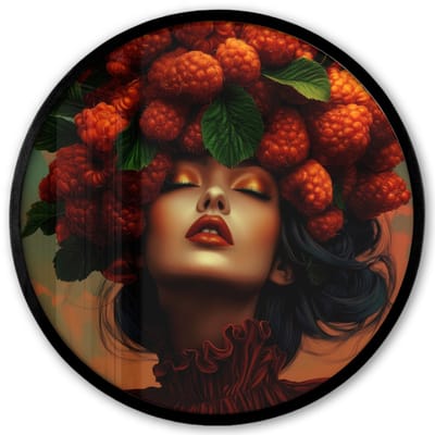Poster in lijst Rond - Fotolijst 40x40 cm - Posters - Vrouw - Frambozen - Bladeren - Ronde posterlijst zwart - Decoratie - Wanddecoratie woonkamer - Muurdecoratie slaapkamer