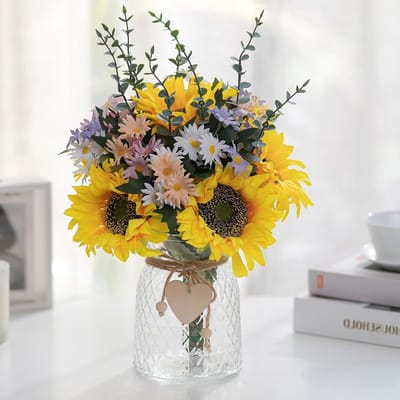 Kunstbloemen Arrangement in Vaasje: Nepparen Zonnebloemen Boeket voor Woonkamer, Keuken en Raamdecoratie - Decoratieve Planten Centerpiece voor Thuis