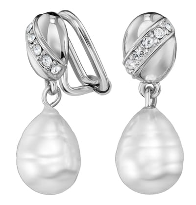 Traveller Clip Oorbellen - Oorclips Dames - Hanger - Zilverkleurig - Barok parel - Wit - Kristal - Geplatineerd - 114255