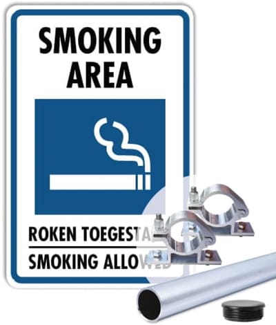 Bord Smoking Area - Rookzone - Weerbestendig Aluminium - 30x45 cm - Bevestiging: Met paal 150 cm + paalbeugels + paaldop