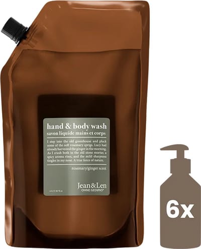 Jean & Len Hand & Body Wash Navulverpakking Rozemarijn & Gember 1500 ml - vegan, dierproefvrij, zonder siliconen, zonder parabenen